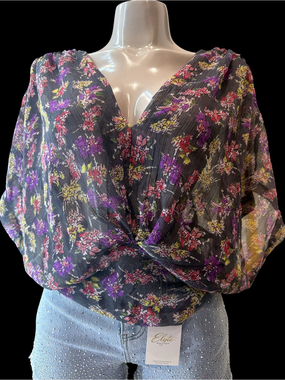Twist-Front Floral Sheer Blouse in Black